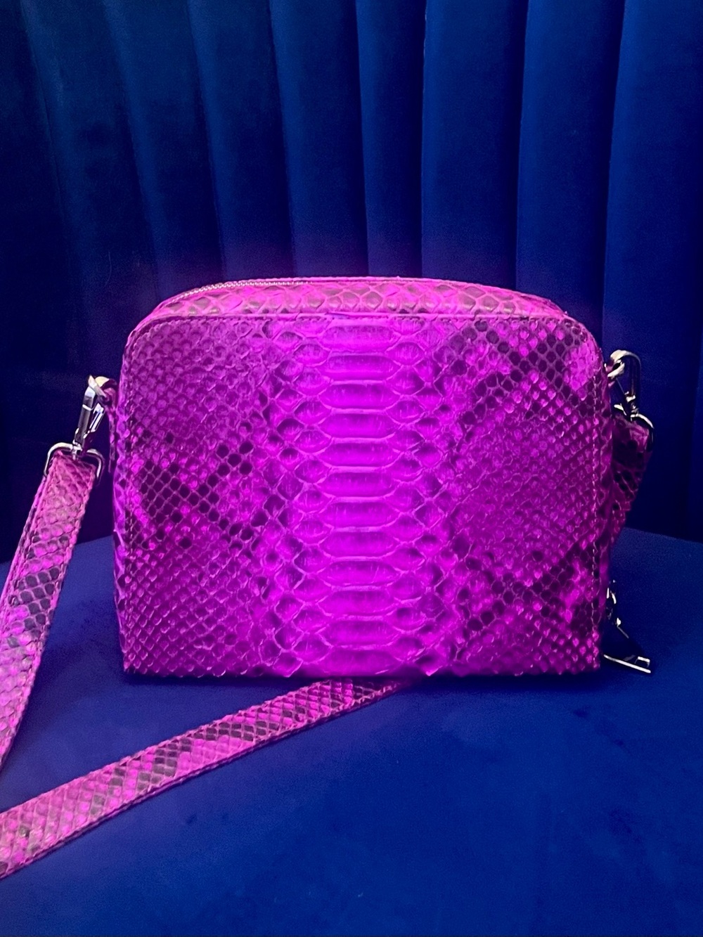 Fuchsia Genuine Python Crossbody – Real Snakeskin Shoulder Bag w Silver Hardware - Picture 4 of 16